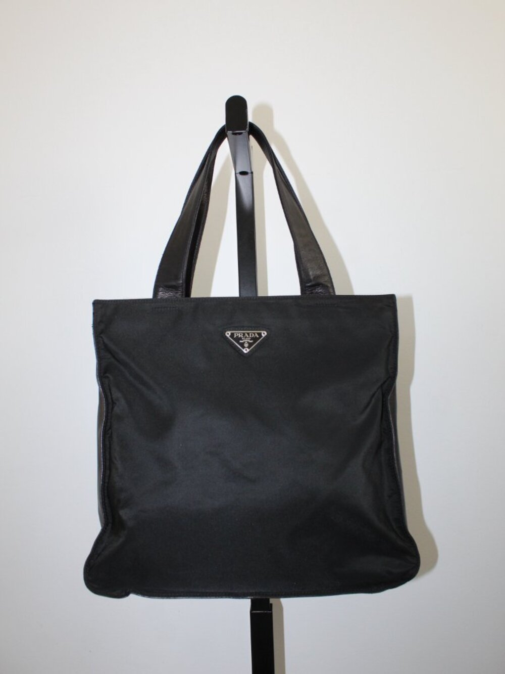 Prada Tessuto Nylon Black Leather Side Bottom Triangle Tote Shoulder Bag Shopper